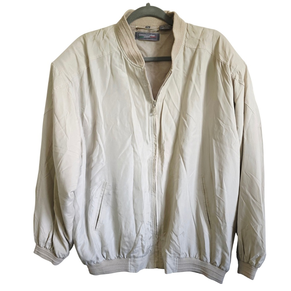 Gianni Cortese XXL Mens Jacket Beige Full Zip Bomber Silk Italian Vintage